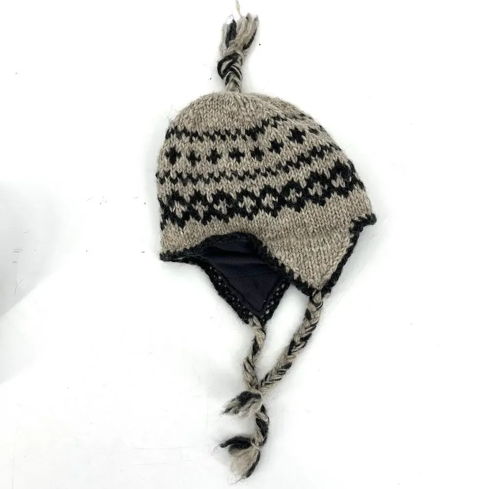 Kyber 100% Kids Brown Wool Knit Hat Ear Flaps Tassels Fleece lined‎ Made Nepal